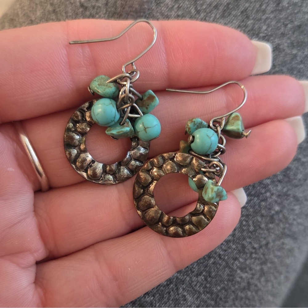 Boho Silver Tone Turquoise Hoop Earrings Cluster Bead Southwestern Dangle